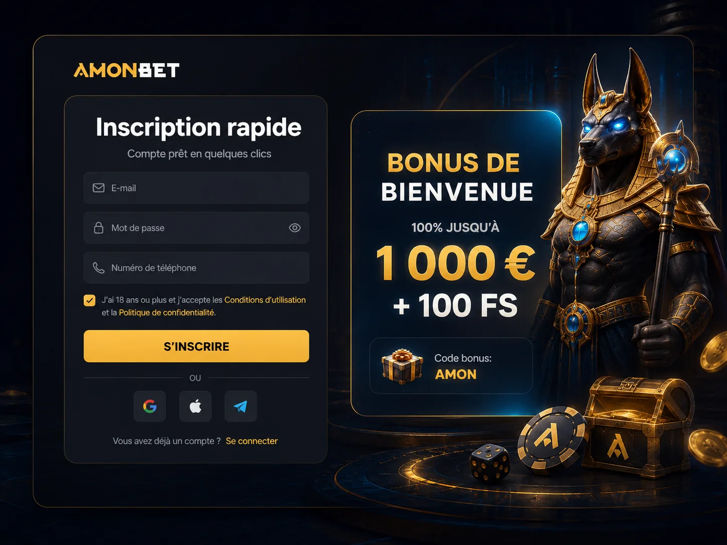 Amonbet inscription rapide avec code AMON