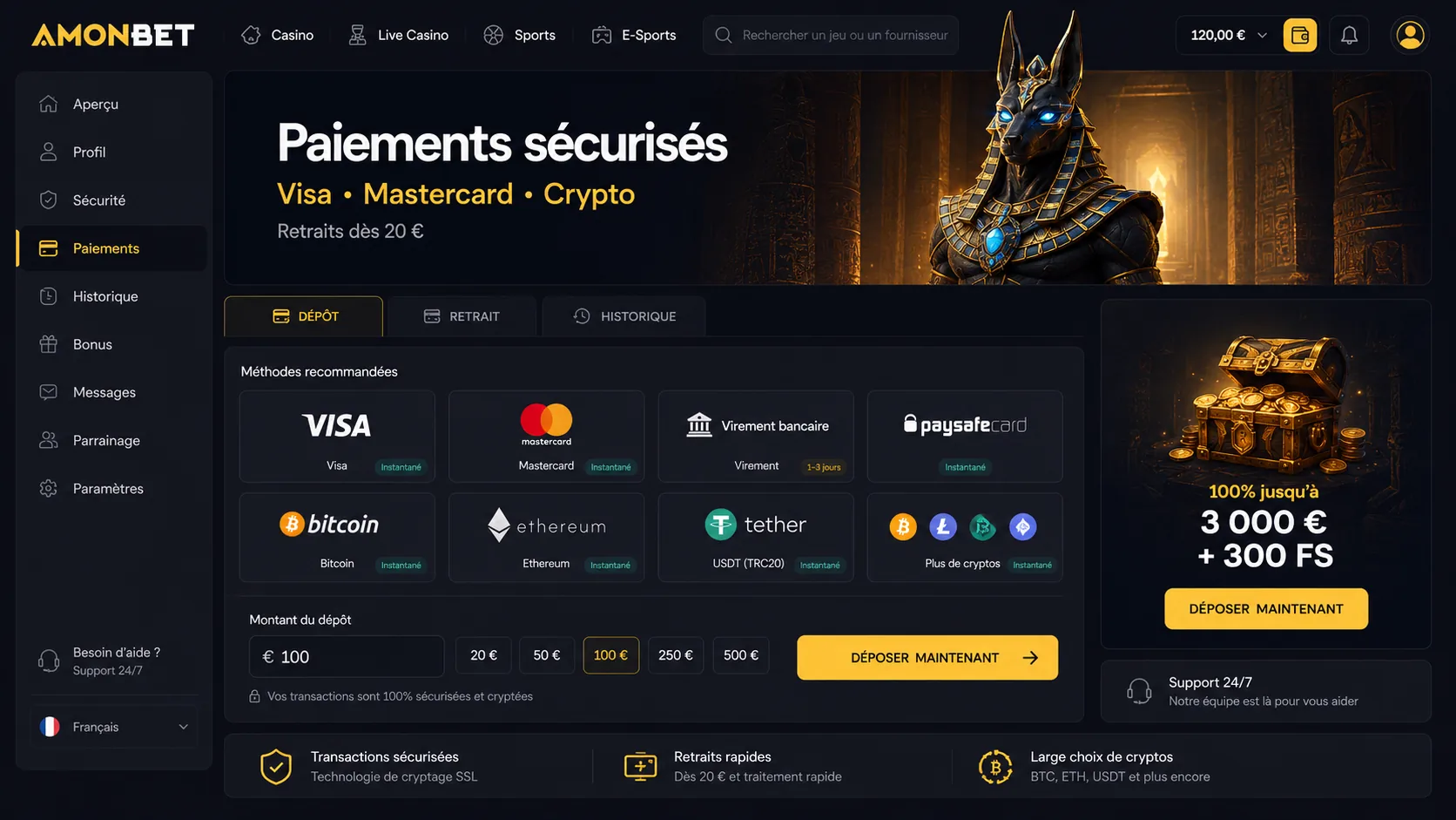 Amonbet paiements securises par carte et crypto